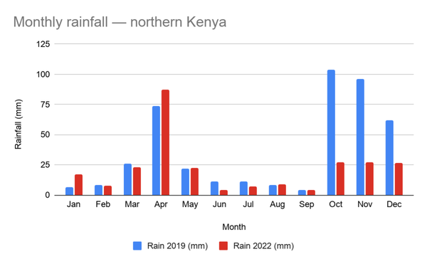 Bar chart of monthly rainfall in northern Kenya for 2019 and 2022