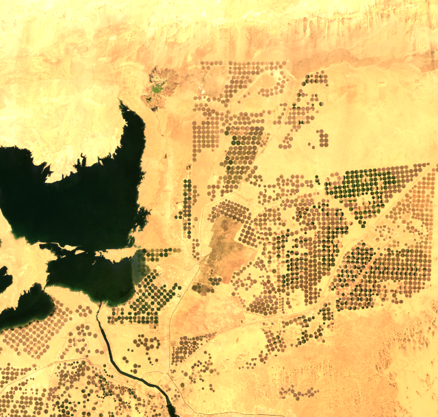 Toshka, Egypt's Western Desert, in 2025, with lakes and circular irrigated fields