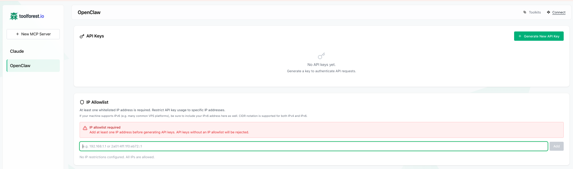 OpenClaw dashboard showing API Keys and IP Allowlist sections